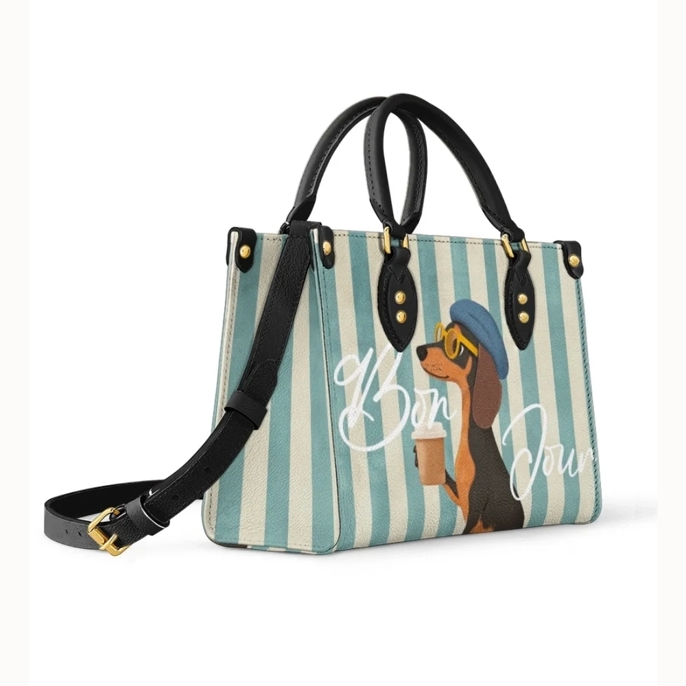 Chic Blue Striped Satchel with Dachshund Design